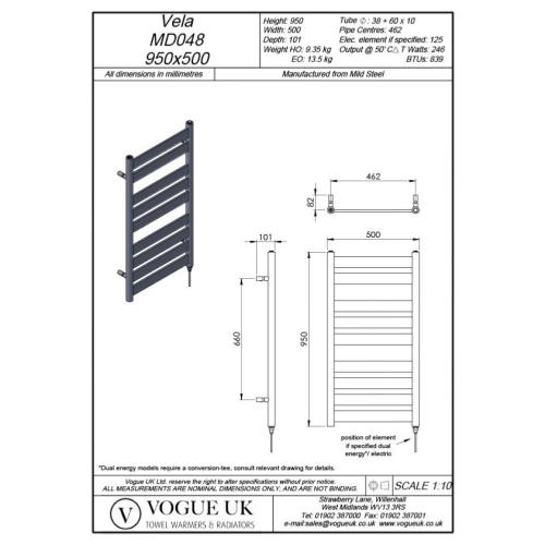 Vogue Vela 950 x 500mm Flat Crossbar Towel Rail Dual Fuel White 839BTU MD048 MS0950500WH-HE